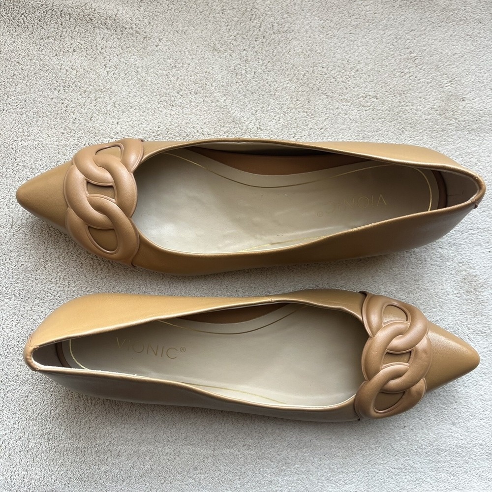 Vionic Arielle Caramel Tan Leather Flats Women's 6 Pointed Toe Comfort Slip Ons